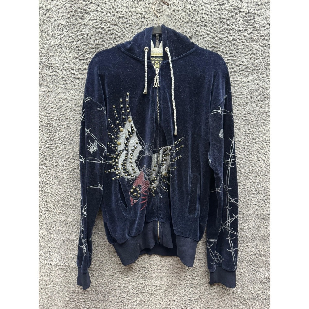 Vintage Maschera Los Angeles Bead Studs Graphic Full Zip Hoodie Navy Blue Mens L